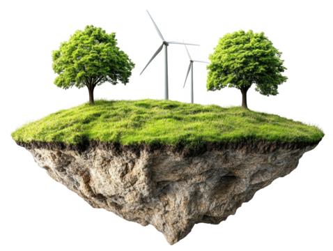 Sustainable island paradise, serene landscape with trees, wind turbine and ocean view