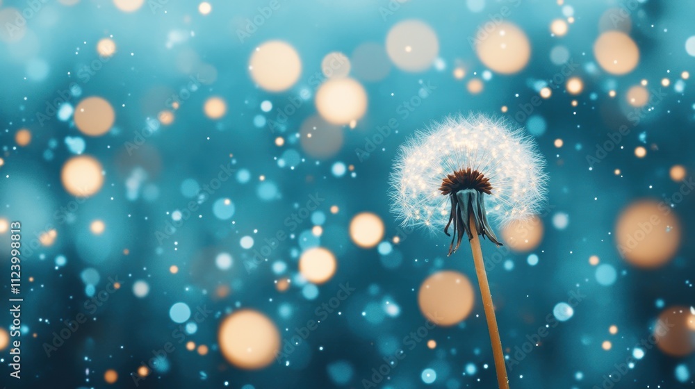 Aufkleber a dandelion stands tall with delicate seeds illuminated by glimmering bokeh light effects, creating 