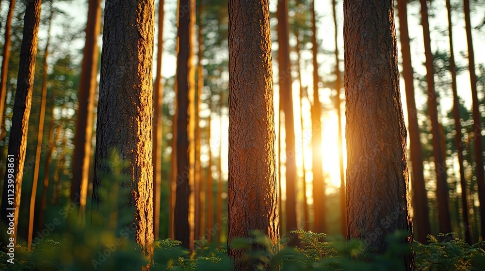 Leinwandbilder sunlight filters through tall trees in a serene forest, creating a tranquil atmosphere.