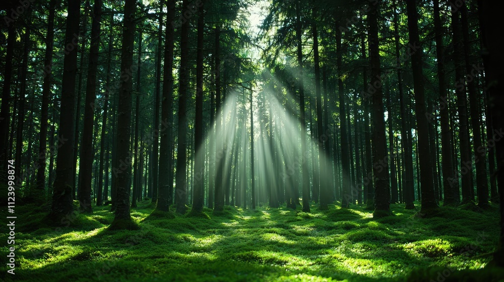 Poster Sunlight streams through a lush forest, creating a serene and peaceful atmosphere.
