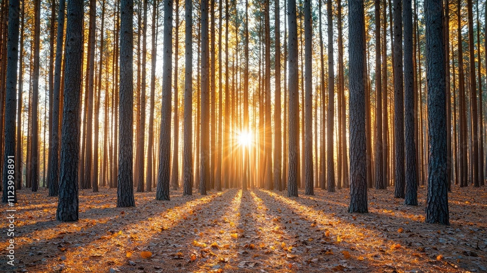 Aufkleber a serene forest scene at sunrise with tall trees casting long shadows on the ground.