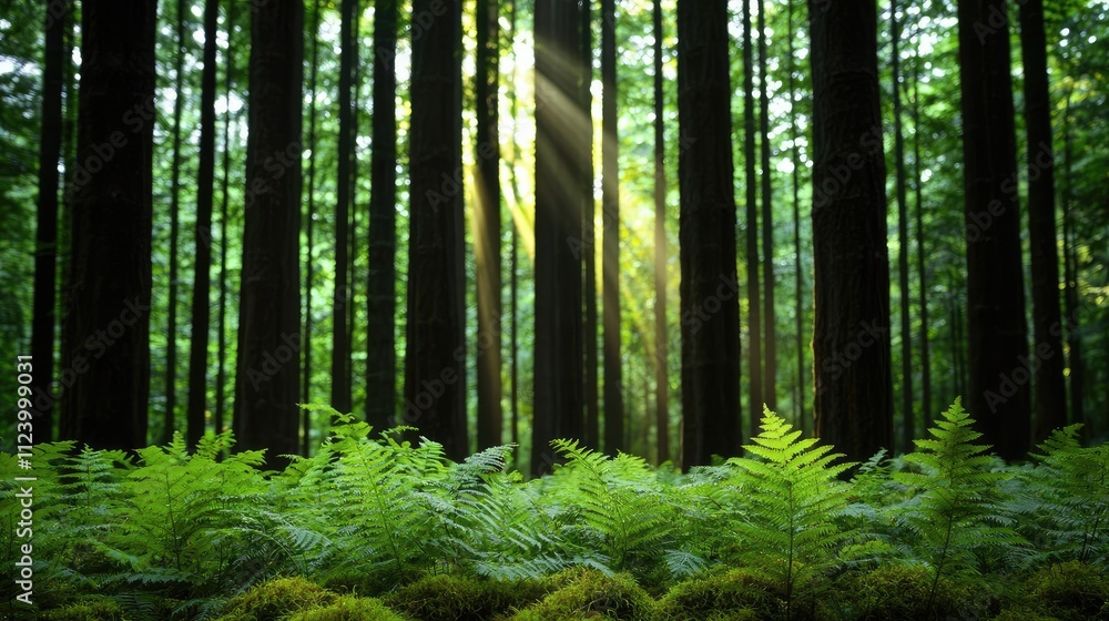 Poster sunlight filters through tall trees, illuminating lush ferns in a tranquil forest.