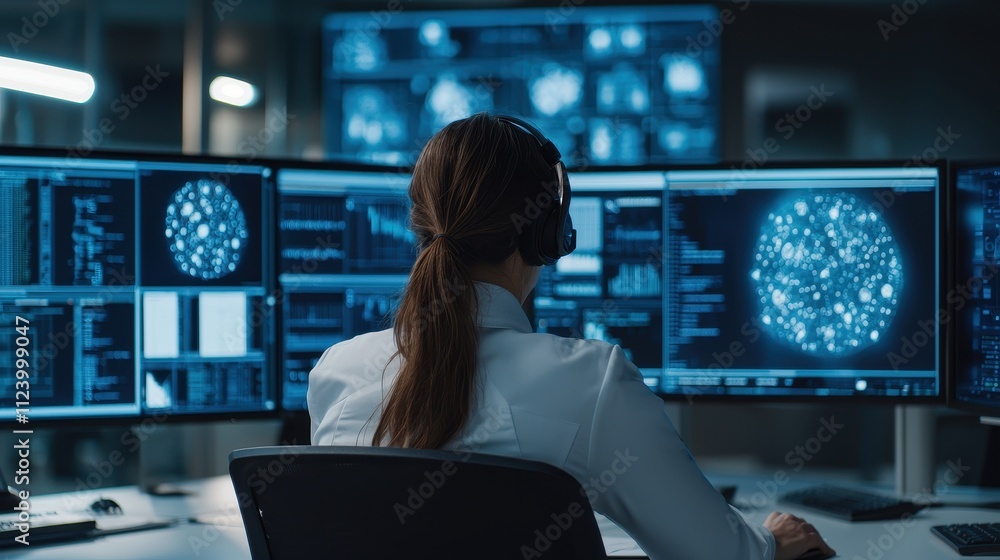 Aufkleber a woman in a headset analyzes data on multiple screens in a dimly lit control room, showcasing advan