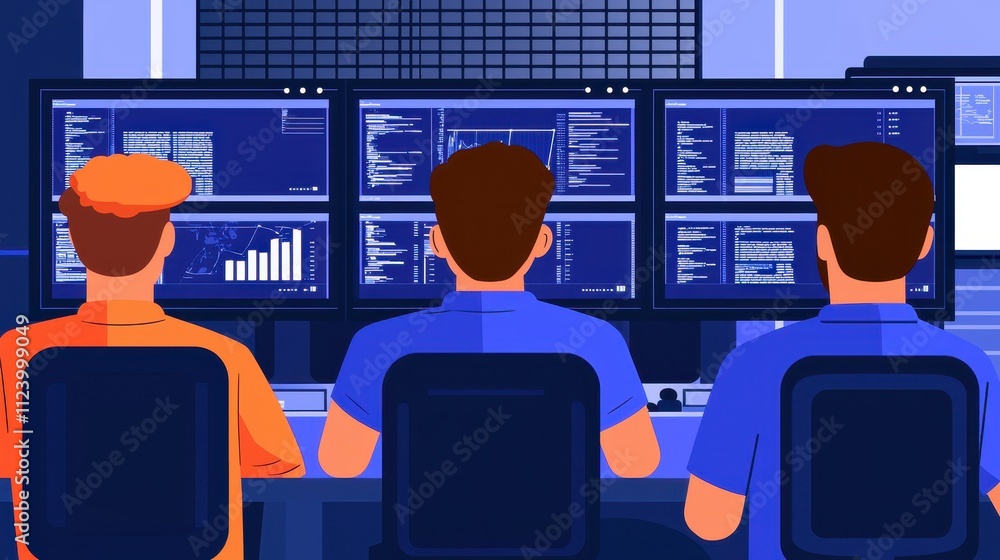 Poster three individuals monitoring multiple screens in a high-tech control room, focused on data analysis 