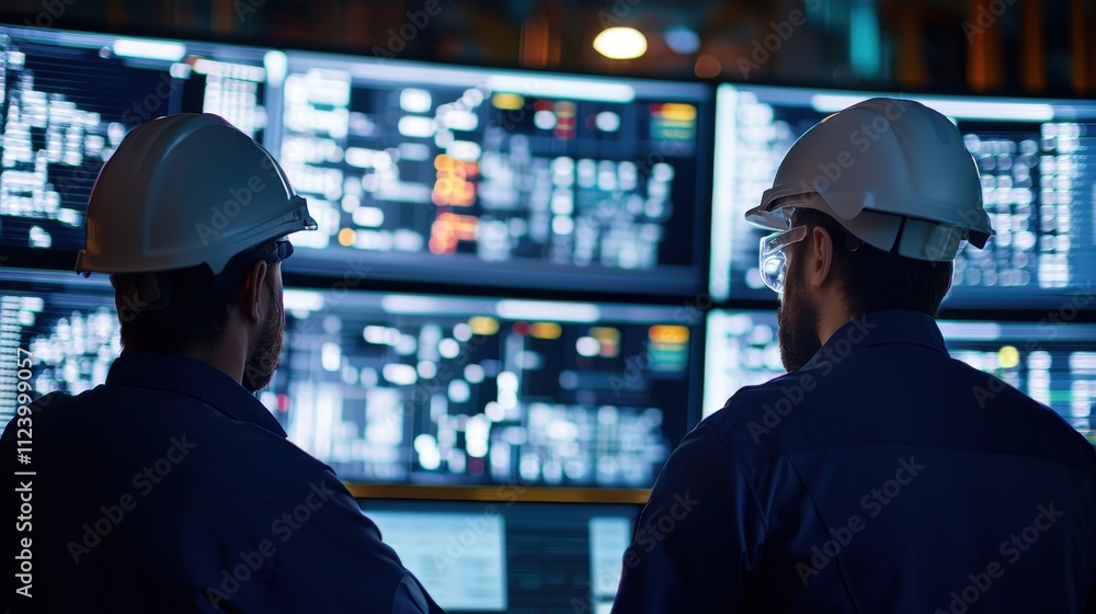 Poster two workers in helmets observe multiple digital screens displaying data and analytics in a control r