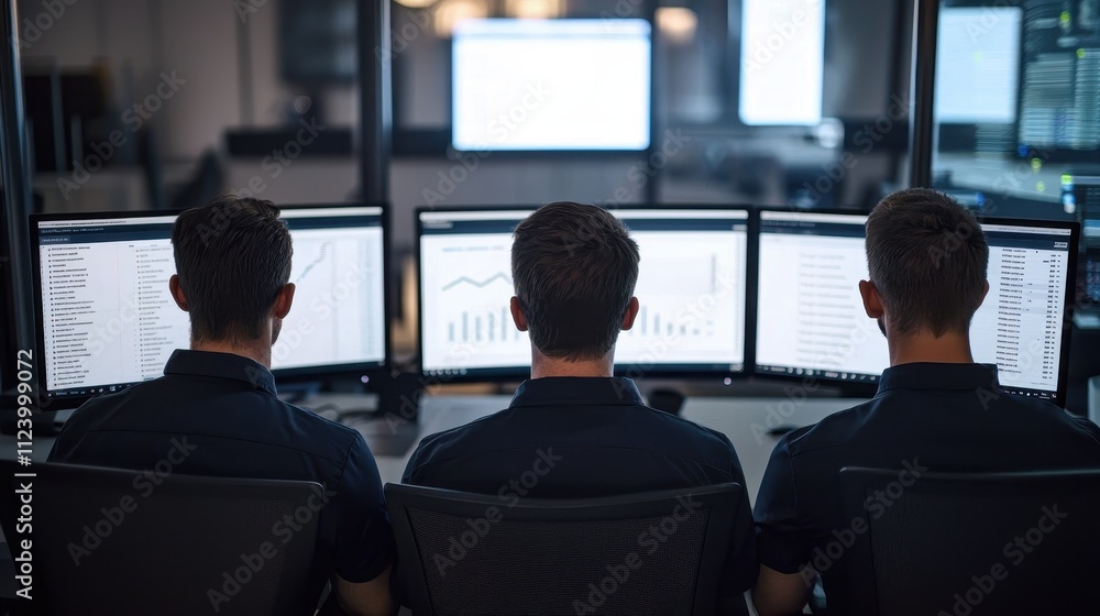 Poster a group of individuals working at multiple computer monitors, analyzing data in a modern office envi