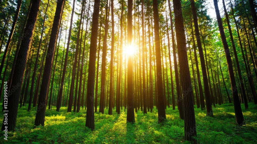 Poster sunlight filters through a lush green forest, creating a serene and peaceful atmosphere.