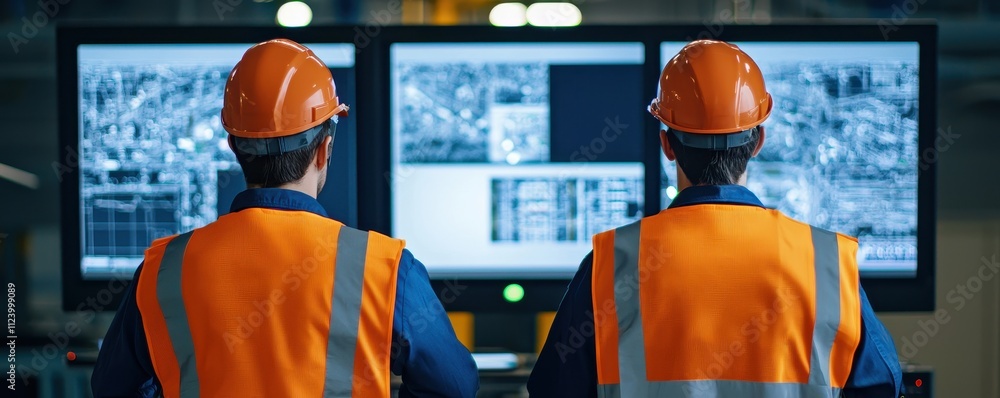 Poster two construction workers in safety gear monitor large screens displaying project data in a control r