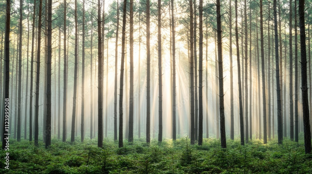 Poster sunlight filters through tall trees, creating a serene forest atmosphere.