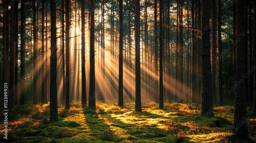 Aufkleber a serene forest scene with sunlight filtering through tall trees and vibrant green moss.