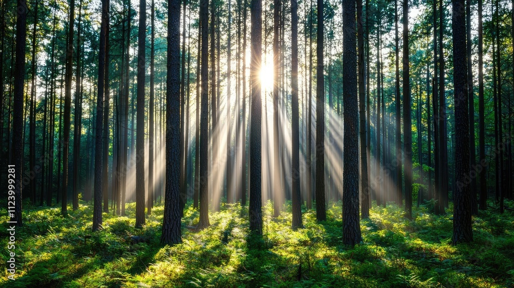 Poster sunlight filters through a dense forest, illuminating the greenery below.