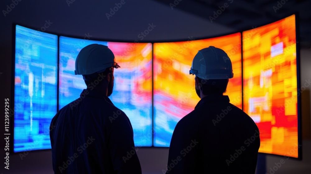 Poster two workers in hard hats observe vibrant screens displaying colorful data visualizations in a dimly 
