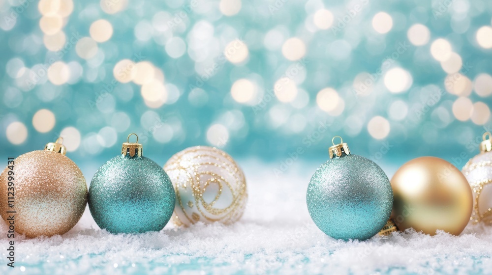 Poster colorful christmas balls create a vibrant display on a snowy surface, surrounded by a shimmering blu