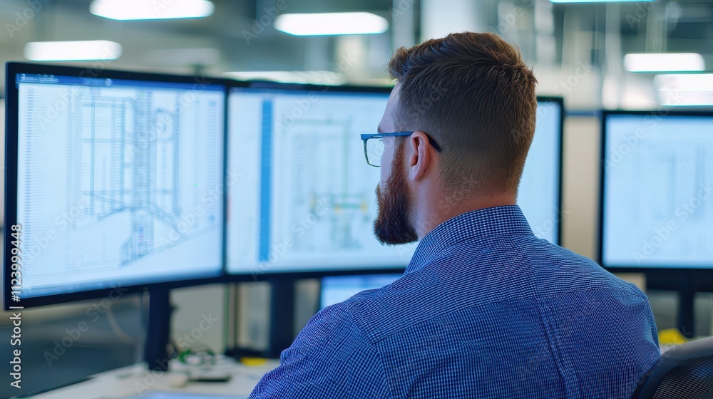 Poster a focused professional works on architectural plans displayed on multiple computer monitors in a mod