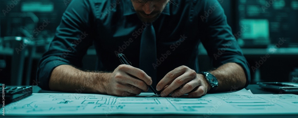 Poster a focused individual in a dark setting writes on a document, surrounded by a workspace filled with t
