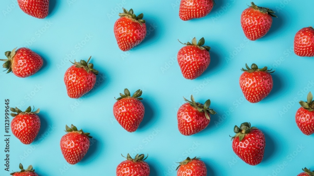 Poster bright red strawberries are neatly arranged on a calming blue surface, creating an appealing contras