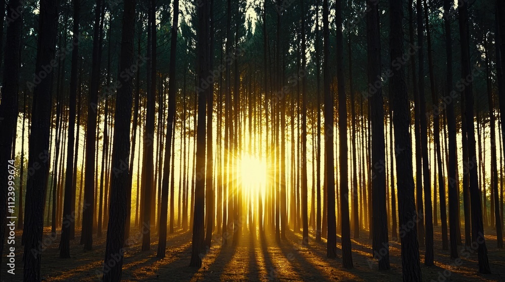 Poster golden sunlight filters through tall tree trunks in a tranquil forest setting.