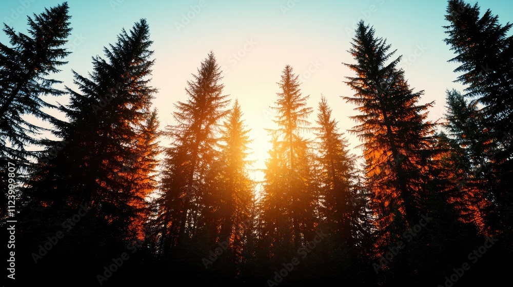 Poster Sunlight filtering through tall evergreen trees in a peaceful forest setting.