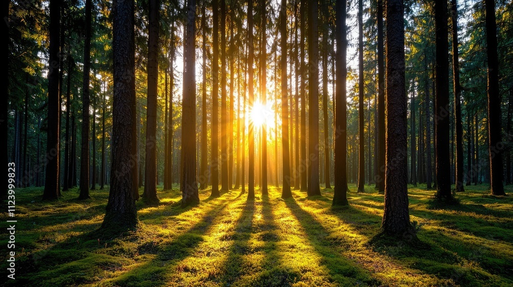 Poster golden sunlight filtering through tall trees, creating serene forest vibes.
