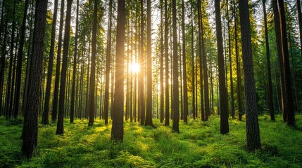 Obraz premium Sunlight filters through tall trees in a serene forest, showcasing nature's beauty.