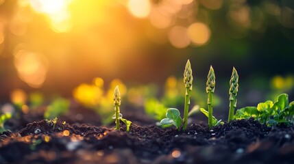 Sprouting asparagus tips in garden bed, warm sunrise lighting, blurred bokeh effect, crisp green spears, detailed soil texture, fresh spring growth, environmental macro photography