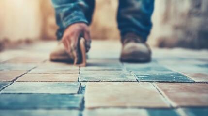 Close-up of a person tiling a patterned floor during home renovation, showcasing attention to detail and craftsmanship in progress