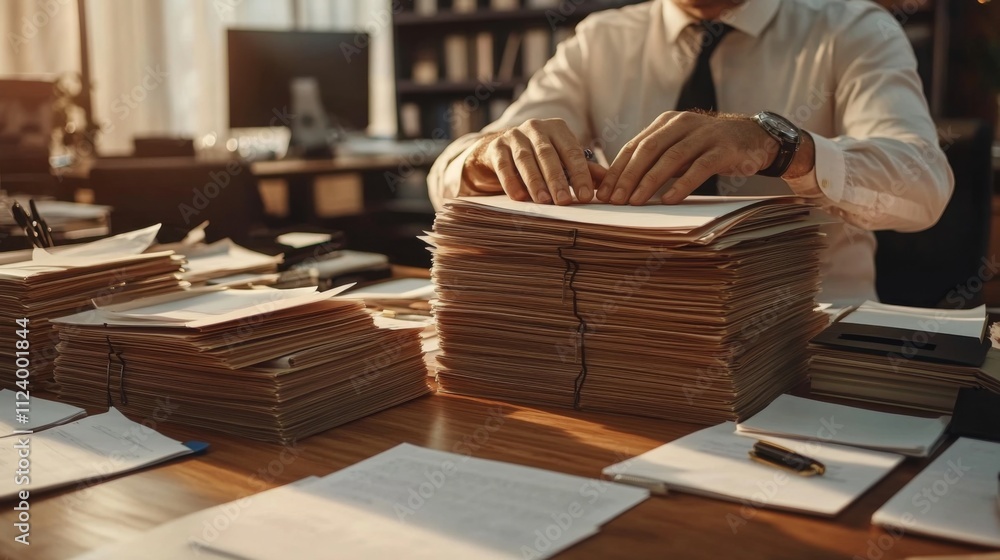 Poster businessman sorting through stacks of paper files.