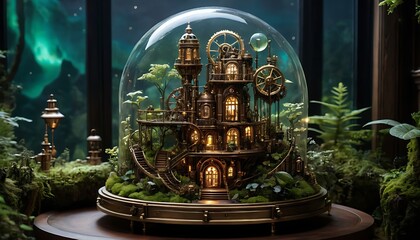 Fototapeta premium a glass ball with a ship in it and a window behind it.