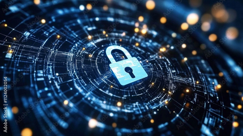 Aufkleber cyber security network showcased through intricate lines and glowing dots.