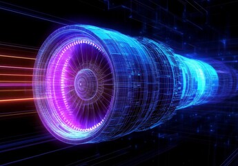 The turbojet engine’s wireframe emphasizes advanced technology and engineering precision.