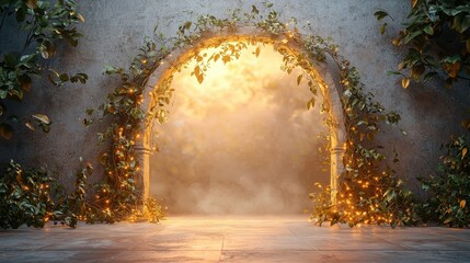 Magical stone arch covered in green vines and glowing fairy lights in a mysterious outdoor setting