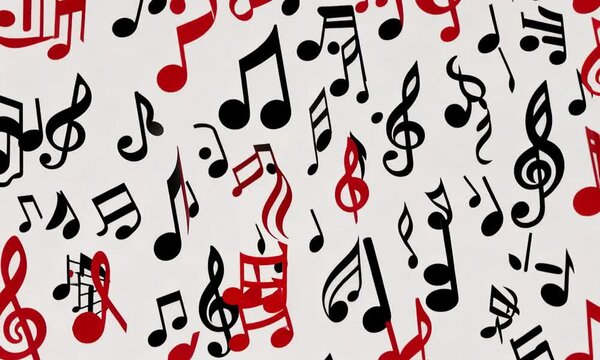 Abstract background with musical notes in black and red on white.