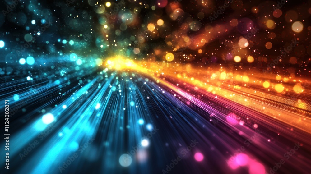 Poster abstract colorful light streaks and bokeh converging towards a bright center.