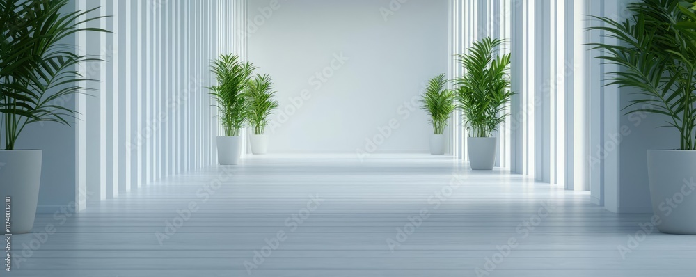 Poster modern corridor with bright walls and potted plants, creating a serene atmosphere.