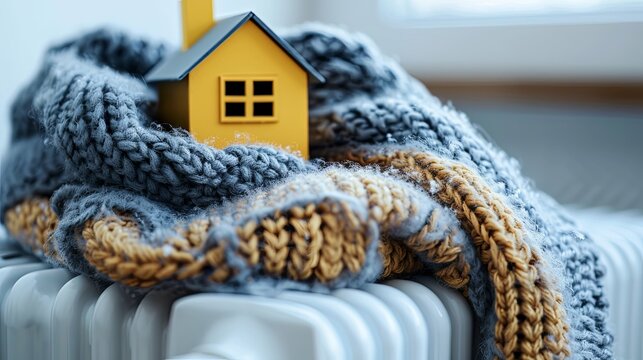 Miniature Yellow House Wrapped in a Cozy Knit Scarf on a Radiator