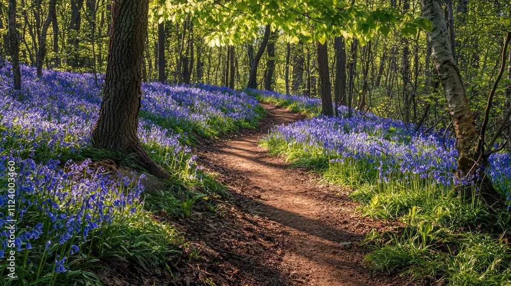 Poster a serene forest path surrounded by blooming bluebells and sunlight filtering through trees.