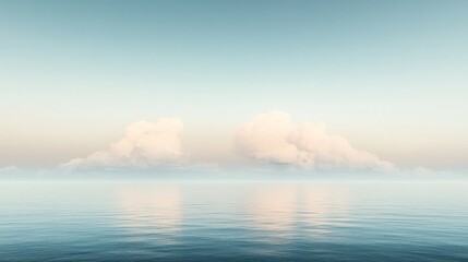 Obraz premium Serene seascape with fluffy clouds reflecting on calm water at dawn or dusk.
