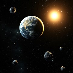 Naklejka premium Asteroid belt exploration outer space digital art sci-fi celestial viewpoint cosmic journey