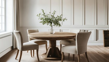 Fototapeta premium Elegant Round Wooden Dining Table with Beige Chairs Greenery