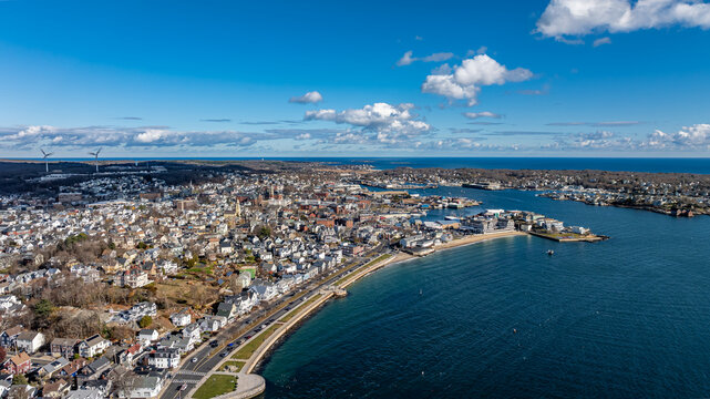 Gloucester, MA, USA - November 29, 2024:  Autumn aerial, drone, photo of the City of Gloucester, Massachusetts, MA, USA.	
