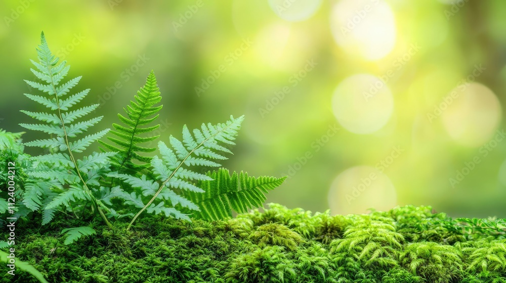Poster lush green ferns thrive on a mossy forest floor with soft bokeh background.