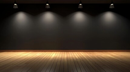 An unoccupied space with rich wooden flooring contrasted by deep-colored walls. 