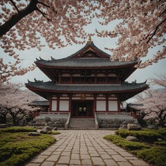 Obraz premium A serene Buddhist temple surrounded by cherry blossoms.