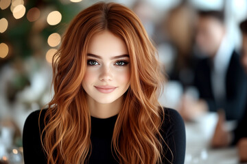 Fototapeta premium A woman with red hair is smiling and posing for a picture. She is wearing a black shirt and has her hair styled in a way that makes it look long and voluminous. The image has a warm and friendly vibe