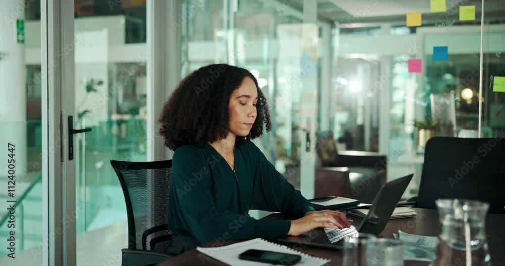 Poster Laptop, programming and typing with designer woman in office for solution or troubleshooting. Computer, creative and web development with professional employee in workplace for software coding