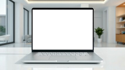 Fototapeta premium Modern Office Workspace: Laptop on White Desk with Blurred Background for Productivity and Creativity