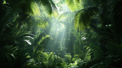 Sunbeams pierce dense jungle foliage, illuminating lush green canopy.