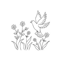 Obraz premium Flying bird on flowers Continuous line art flat vector illustration on white background.