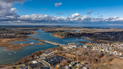 Gloucester, MA, USA - November 29, 2024:  Autumn aerial, drone, photo of the City of Gloucester,...