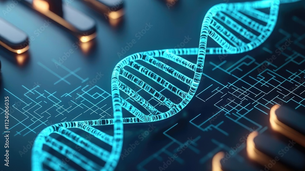 Poster close-up of glowing dna helix on a digital background representing genetic research.